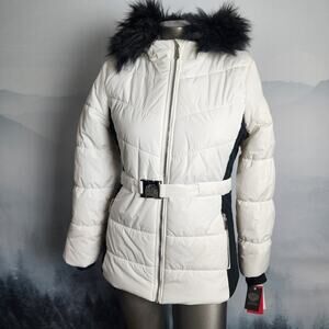 NWT Vince Camuto White Belted Faux Fur Puffer Jacket | Women's L (14/16)